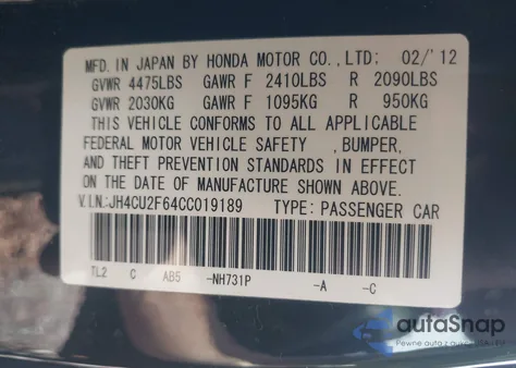 2012 Acura Tsx 2.4 из США, поврежденный, VIN JH4CU2F64CC019189